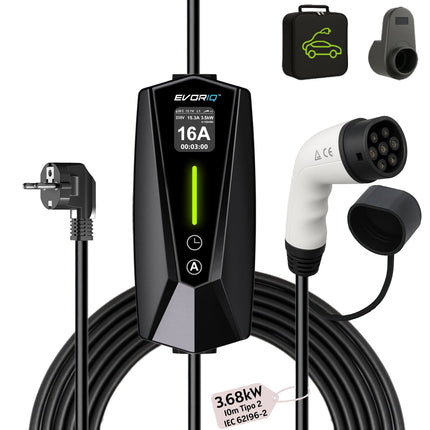 3,68kW (6 - 16 A) Portable Electric Car Charger for home, Schuko plug | 10 meter Type 2 | Black
