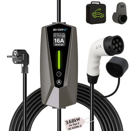3,68kW (6 - 16 A) Portable Electric Car Charger for home, Schuko plug | 7 meter Type 2 | Graphite Gray