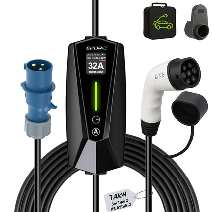 7,4 kW (6 - 32A) Single Phase Portable Electric Car Charger | CEE plug | 5 meter Type 2 - Black
