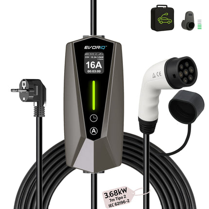 EVORIQ™ 7,4 kW (6-32A) Single Phase Portable Electric Car Charger | CEE plug | 7 meter Type 2 Connector | Graphite Gray