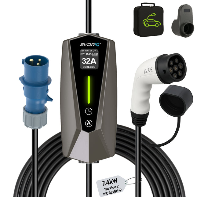 7,4 kW (6-32A) Single Phase Portable Electric Car Charger | CEE plug | 7 meter Type 2 - Graphite Gray