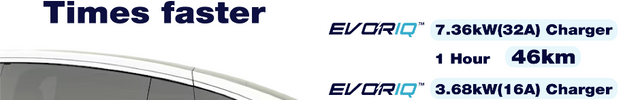 EVORIQ electric vehicle charging station with text highlighting the km range added per charging time