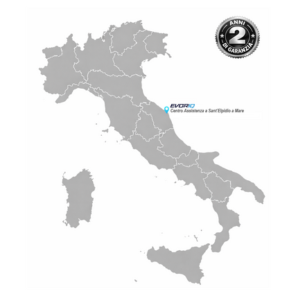 Map of Italy with a logo and text indicating two-year warranty and assistance center location.