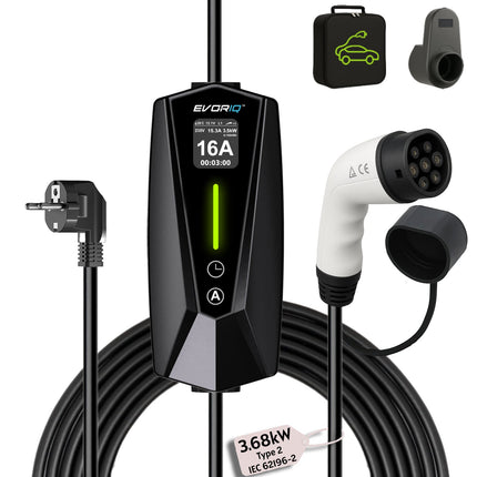 EVORIQ™ 3.68kW Portable Electric Vehicle Battery Charger | 6 - 16 A | Schuko Plug | Type 2 (IEC 62196 - 2)
