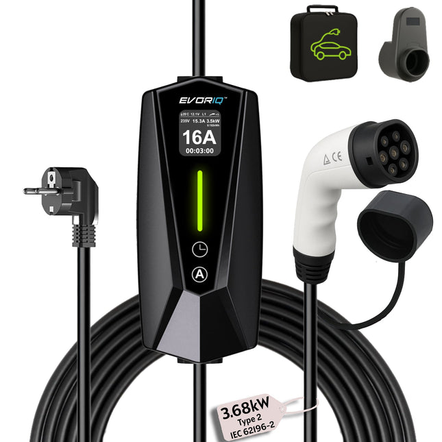 EVORIQ™ 3.68kW Portable Electric Vehicle Battery Charger | 6 - 16 A | Schuko Plug | Type 2 (IEC 62196 - 2)
