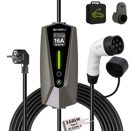 EVORIQ™ 3.68kW Portable Electric Vehicle Battery Charger | 6 - 16 A | Schuko Plug | Type 2 (IEC 62196 - 2)